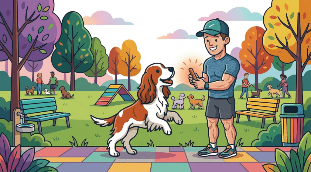 A vibrant, colorful cartoon illustration of a lively dog park during autumn. In the foreground, a man in athletic gear smiles while holding a high-protein organic dog treat for a brown and white Cavalier King Charles Spaniel. The background features various people and their dogs, colorful autumn trees, park benches, and an agility ramp under a soft, sunset sky.