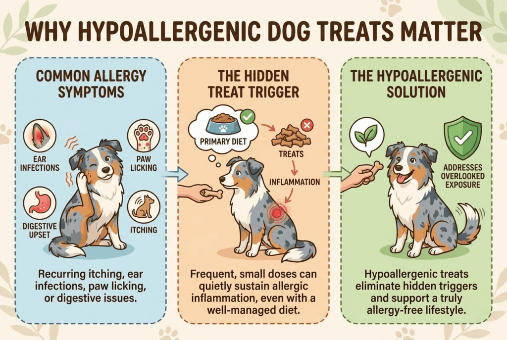 Why hypoallergenic dog treats matter infographic showing dog allergy symptoms, hidden treat triggers, and limited-ingredient solutions for sensitive dogs