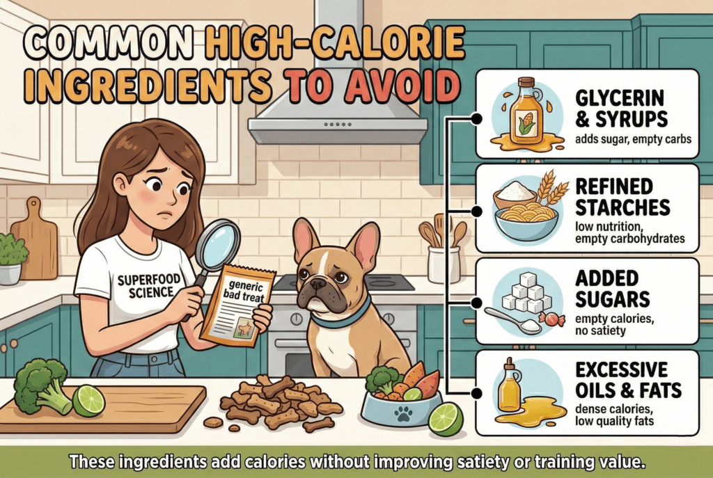 A cartoon infographic featuring a French Bulldog. The main heading reads, "Common High-Calorie Ingredients to Avoid." A side panel lists four calorie-dense fillers to watch out for: glycerin and syrups, refined starches, added sugars, and excessive oils or fats. The bottom text states, "These ingredients add calories without improving satiety or training value."