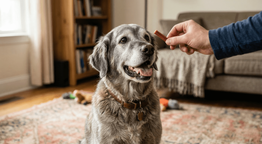 A medium shot from slightly below captures a senior gray-and-brown mixed-breed dog sitting, centered on a patterned area rug, and looking up to the right at a thin brown organic dog jerky treat being held toward its face by a right hand of a person wearing a blue shirt. Behind the dog on the wood floor are toys and a dark basket; further back are a bookcase and a couch under a window with open drapes. The lighting is natural daylight from the left.
