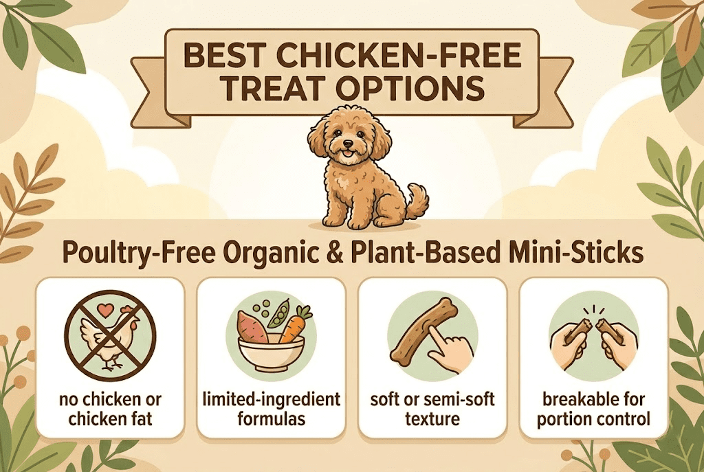 An educational infographic titled 'Best Chicken-Free Treat Options' featuring a cartoon poodle-mix dog sitting happily. Below the dog, the header reads 'Poultry-Free Organic & Plant-Based Mini-Sticks'. Four illustrated panels detail key benefits: a crossed-out chicken (no chicken or chicken fat), a bowl of vegetables (limited-ingredient formulas), a bending treat (soft or semi-soft texture), and hands snapping a treat (breakable for portion control). The overall style is wholesome with green leaf motifs.