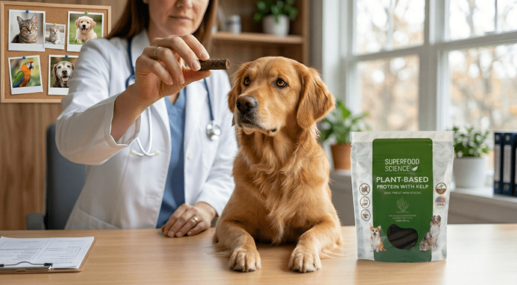A veterinarian review team member holds a semi-soft, limited-ingredient Superfood Science plant-based mini-stick treat while a golden retriever sits attentively in a veterinarian's office. 