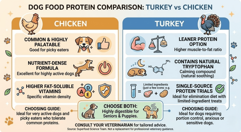 Infographic comparing turkey and chicken dog food proteins, highlighting chicken for pal-atability and active dogs, turkey for leaner protein and elimination-style limited-ingredient use, and noting both can be highly digestible.