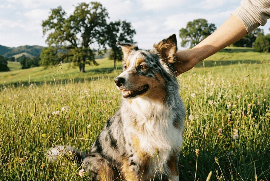Australian Shepherd with sensitive skin and digestion in a field, illustrating hypoallergenic dog treats for dogs with food sensitivities