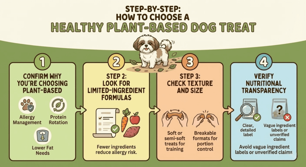 Infographic on how to choose a healthy plant-based dog treat for dogs, including allergy-friendly limited ingredients, training-friendly texture, portion size, and transparent nutrition labels.