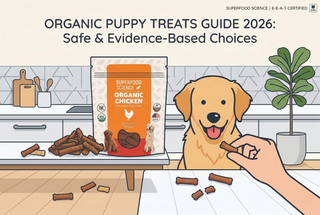 A cartoon illustration of a happy golden retriever-style dog in a modern kitchen, being offered a small, broken treat piece by a human hand. On the counter sits a bag of "Superfood Science Organic Chicken Dog Treat Mini-Sticks" next to a pile of stick-shaped treats. The header text reads "Organic Puppy Treats Guide 2026: Safe & Evidence-Based Choices," with the Superfood Science logo and a "DVM Reviewed" seal in the corner.