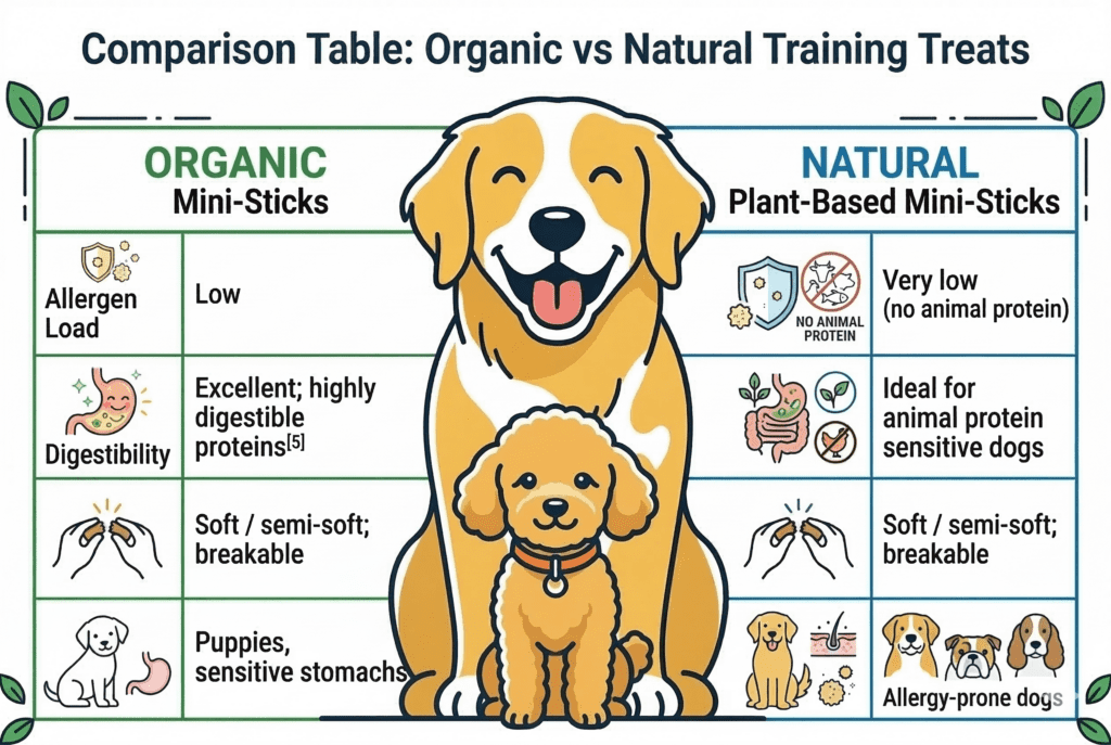 An infographic table compares Organic and Natural Plant-Based Mini-Sticks dog training treats across four feature rows: Allergen Load, Digestibility, Texture, and Best For. The columns list details for each product, indicating suitable use cases for puppies, sensitive stomachs, and allergy-prone dogs. Illustrations of dogs and feature icons are included.