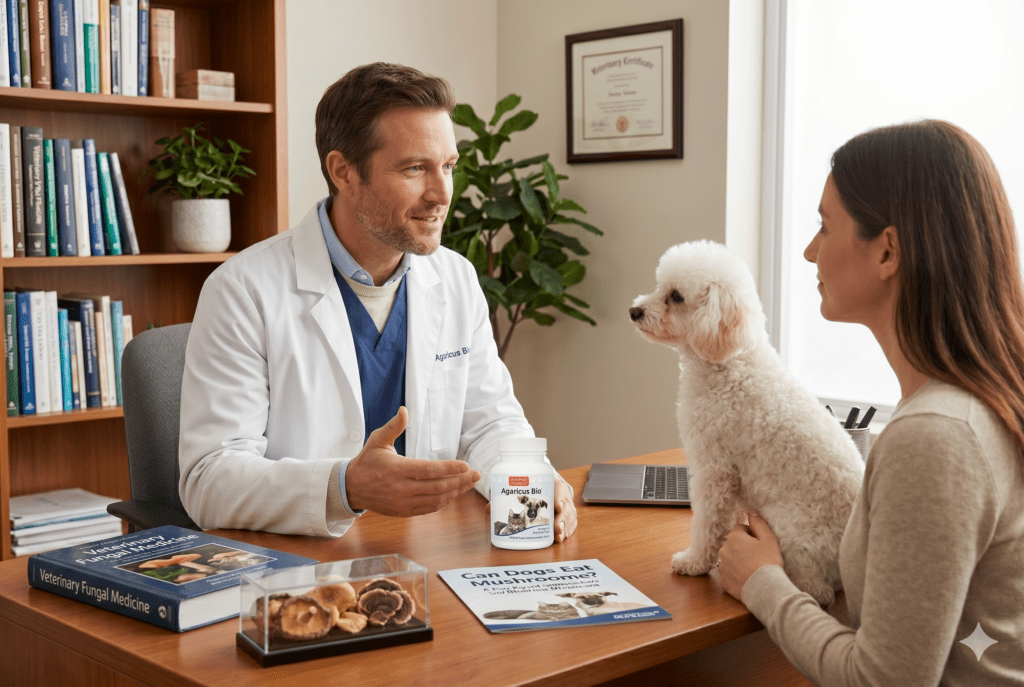 A veterinarian in a white coat discusses mushroom-based supplements with a female pet owner and her small white dog in a consulting room. On the desk are a bottle of Agaricus Bio for dogs & cats and a pamphlet titled "Can Dogs Eat Mushrooms? A Dog Parent Guide to Safe and Medicinal Mushrooms." A textbook on Fungal Medicine and dried mushrooms are also visible.