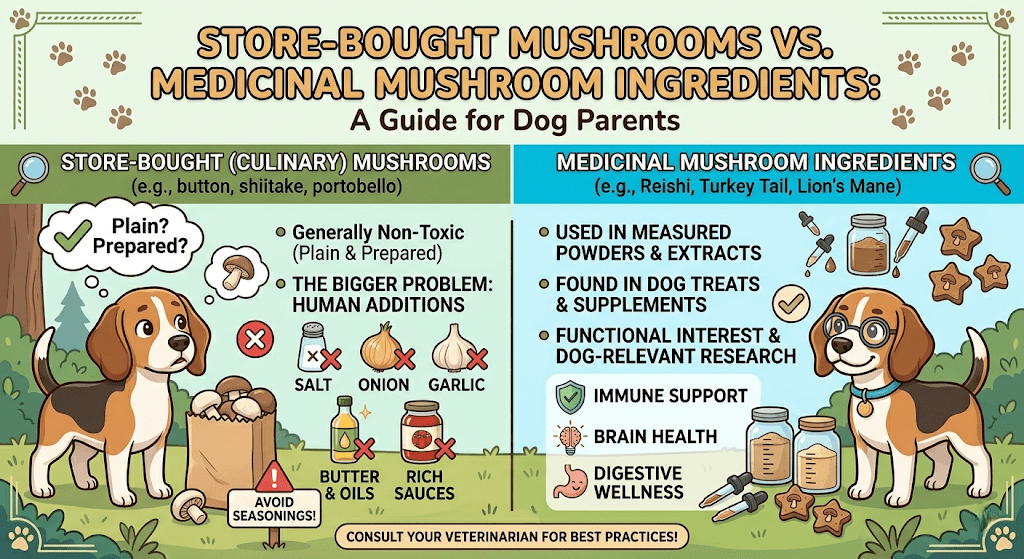 A cartoon infographic titled "STORE-BOUGHT MUSHROOMS VS. MEDICINAL MUSHROOM INGREDIENTS: A Guide for Dog Parents." The left panel, focusing on "STORE-BOUGHT (CULINARY) MUSHROOMS," shows a Beagle looking at a grocery bag of mushrooms. It states they are "Generally Non-Toxic" if plain, but warns that "THE BIGGER PROBLEM" is human additions, showing red 'X' marks over salt, onion, garlic, butter & oils, and rich sauces. The right panel, focusing on "MEDICINAL MUSHROOM INGREDIENTS," features a smart Beagle wearing glasses next to supplement jars and droppers. It notes these are "Used in measured powders & extracts," "Found in dog treats & supplements," and are the focus of "Functional interest & dog-relevant research" for immune support, brain health, and digestive wellness. A banner at the bottom reads, "Consult your veterinarian for best practices!"