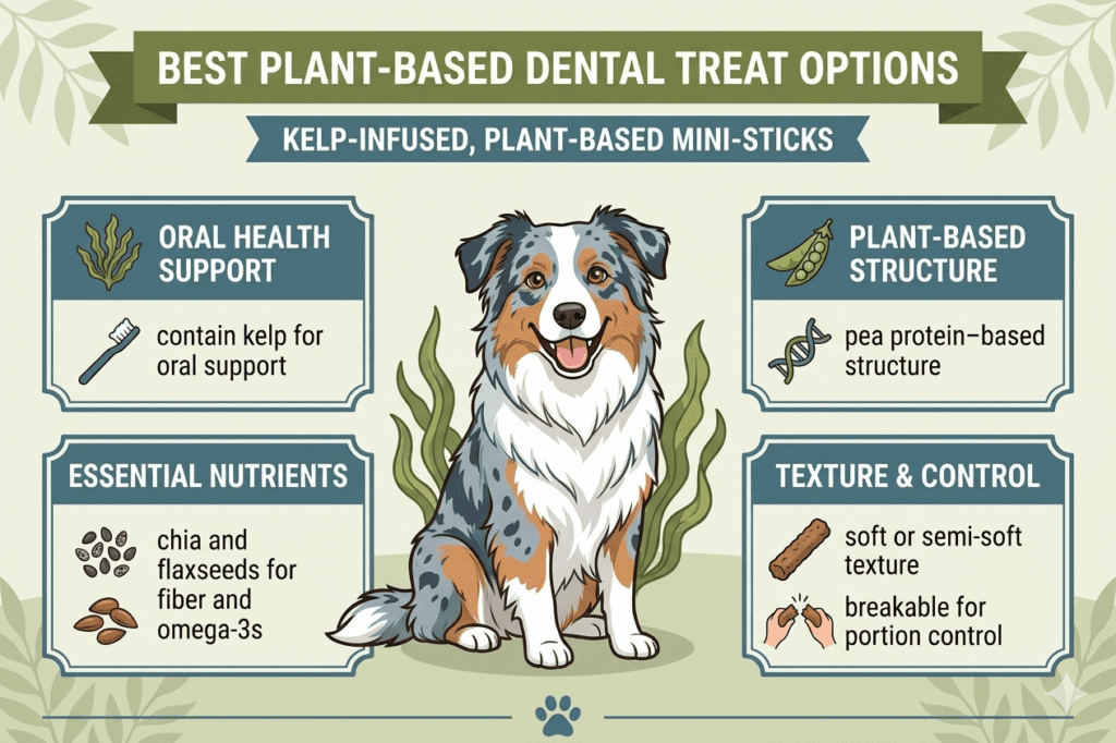 An educational infographic titled "Best Plant-Based Dental Treat Options: Kelp-Infused, Plant-Based Mini-Sticks." In the center sits a smiling cartoon blue merle Australian Shepherd surrounded by green kelp fronds. Four informational panels border the dog: "Oral Health Support" (contain kelp for oral support), "Plant-Based Structure" (pea protein-based structure), "Essential Nutrients" (chia and flaxseeds for fiber and omega-3s), and "Texture & Control" (soft or semi-soft texture, breakable for portion control).