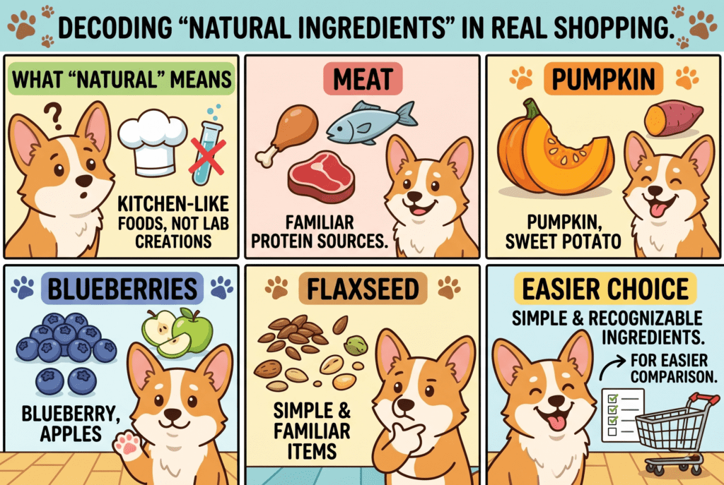 An educational Superfood Science infographic featuring a cartoon Corgi. It explains how to identify true natural ingredients by looking for kitchen-like foods instead of lab creations. It highlights familiar meat proteins, pumpkin, sweet potato, blueberries, apples, and flaxseed as simple, recognizable items that make comparison shopping easier.