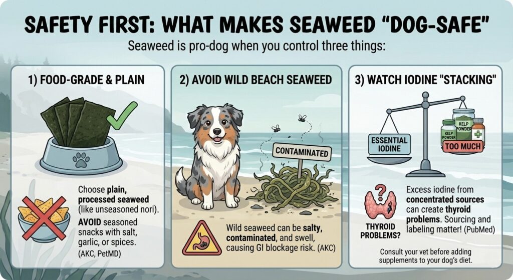 A cartoony infographic with a soft coastal palette set against a stylized, misty beach background, featuring a cute, cartoony illustration of the specific Australian Shepherd from image_68.png sitting centrally. The large bold title reads "SAFETY FIRST: WHAT MAKES SEAWEED 'DOG-SAFE'". Below it, a subtitle states: "Seaweed is pro-dog when you control three things:". The visual is divided into three distinct panels. The left panel, titled "1) FOOD-GRADE & PLAIN", shows a dog bowl with plain nori sheets (check mark) and a separate bowl of seasoned chips (red 'X'). Text includes: "Choose plain, processed seaweed (like unseasoned nori). AVOID seasoned snacks with salt, garlic, or spices. (AKC, PetMD)". The middle panel, titled "2) AVOID WILD BEACH SEAWEED", shows the dog next to messy wild beach seaweed with flies, a 'CONTAMINATED' label, and a warning icon of a stomach with a GI blockage symbol. Text includes: "Wild seaweed can be salty, contaminated, and swell, causing GI blockage risk. (AKC)". The right panel, titled "3) WATCH IODINE 'STACKING'", features a balanced scale with 'ESSENTIAL IODINE' on one side and 'TOO MUCH' on the other, tipping with multiple kelp powder jars and supplement bottles. Includes a stylized thyroid gland icon with 'THYROID PROBLEMS?' text. Text includes: "Excess iodine from concentrated sources can create thyroid problems. Sourcing and labeling matter! (PubMed)". The bottom disclaimer reads: "Consult your vet before adding supplements to your dog's diet."