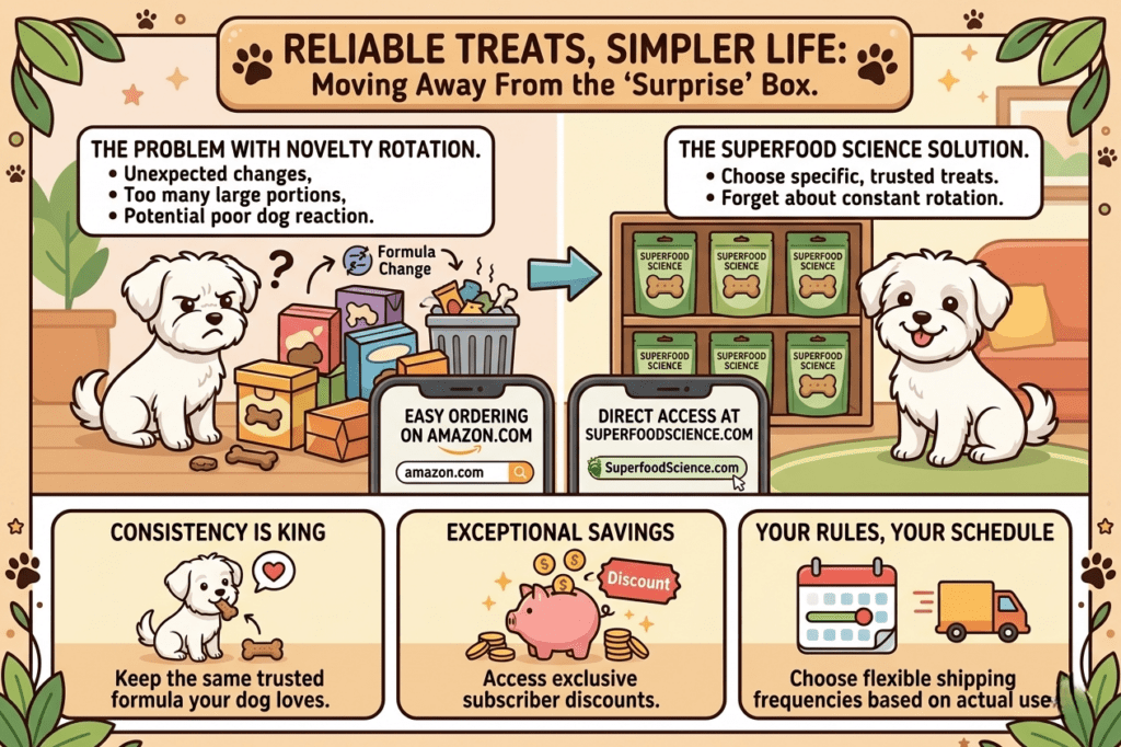 A cartoon infographic titled "RELIABLE TREATS, SIMPLER LIFE: Moving Away From the 'Surprise' Box." The top half is divided into two panels. The left panel, "THE PROBLEM WITH NOVELTY ROTATION," lists unexpected changes, large portions, and poor dog reactions, showing a grumpy Maltese mix dog next to a chaotic pile of assorted boxes and a trash bin for formula changes. A smartphone screen displays "EASY ORDERING ON AMAZON.COM." The right panel, "THE SUPERFOOD SCIENCE SOLUTION," promotes choosing specific, trusted treats, showing a happy Maltese mix next to an organized shelf of Superfood Science treat bags. Another smartphone screen displays "DIRECT ACCESS AT SUPERFOODSCIENCE.COM." The bottom section features three panels: "CONSISTENCY IS KING" illustrating a dog eating a trusted formula, "EXCEPTIONAL SAVINGS" showing a piggy bank for subscriber discounts, and "YOUR RULES, YOUR SCHEDULE" showing a calendar and delivery truck for flexible shipping frequencies.