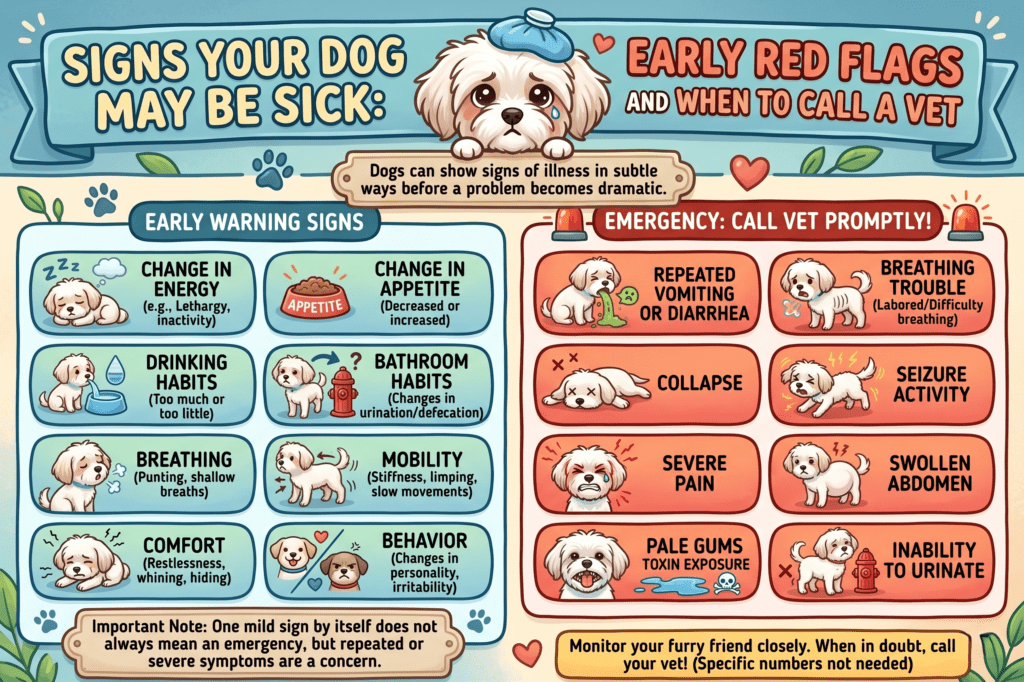A cute, cartoon-style infographic titled "SIGNS YOUR DOG MAY BE SICK: EARLY RED FLAGS AND WHEN TO CALL A VET." A sad cartoon Maltese mix with an ice pack on its head sits at the top. The graphic is divided into two sections. The left, "EARLY WARNING SIGNS" (blue), lists subtle changes: Energy, Appetite, Drinking Habits, Bathroom Habits, Breathing, Mobility, Comfort, and Behavior, each with a corresponding cartoon illustration of the Maltese mix. The right side, "EMERGENCY: CALL VET PROMPTLY!" (red with siren icons), lists severe symptoms: Repeated Vomiting or Diarrhea, Breathing Trouble, Collapse, Seizure Activity, Severe Pain, Swollen Abdomen, Pale Gums/Toxin Exposure, and Inability to Urinate, again accompanied by specific cartoon illustrations. A bottom note reads: "Important Note: One mild sign by itself does not always mean an emergency, but repeated or severe symptoms are a concern.
