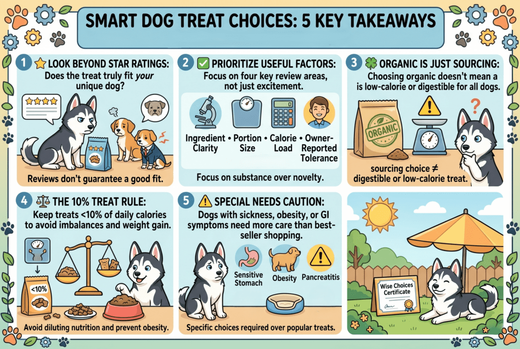 A six-panel cartoon infographic titled "SMART DOG TREAT CHOICES: 5 KEY TAKEAWAYS," featuring a Husky puppy. Panel 1, "LOOK BEYOND STAR RATINGS," advises that reviews do not guarantee a good fit for your unique dog. Panel 2, "PRIORITIZE USEFUL FACTORS," highlights focusing on ingredient clarity, portion size, calorie load, and owner-reported tolerance. Panel 3, "ORGANIC IS JUST SOURCING," explains that an organic label does not automatically mean a treat is low-calorie or digestible. Panel 4, "THE 10% TREAT RULE," emphasizes keeping treats under 10 percent of daily calories to prevent weight gain. Panel 5, "SPECIAL NEEDS CAUTION," warns that dogs with sensitive stomachs, obesity, or pancreatitis need specific choices rather than just popular best-sellers. The final panel shows a happy Husky sitting outdoors next to a "Wise Choices Certificate."