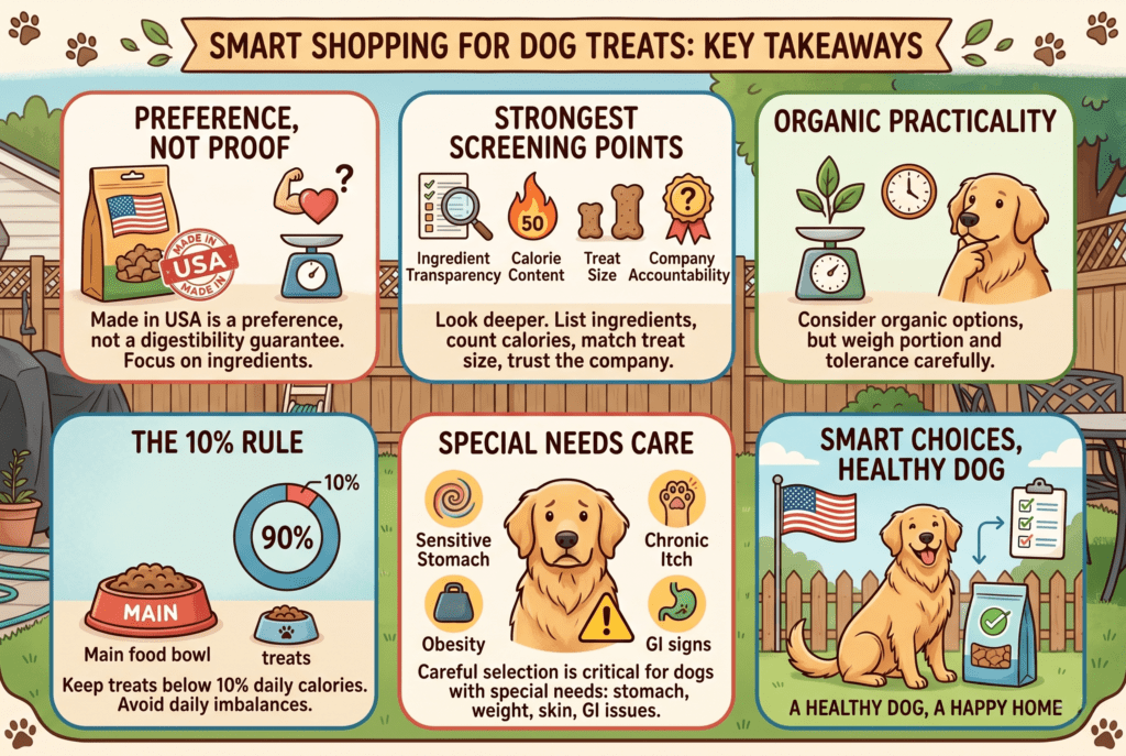 An educational Superfood Science infographic titled Smart Shopping for Dog Treats: Key Takeaways. It features six panels set against a backyard background. Panel one explains that Made in USA is a preference, not a digestibility guarantee, urging a focus on ingredients. Panel two highlights screening points including ingredient transparency, calorie content, treat size, and company accountability. Panel three discusses organic practicality, advising to weigh portion and tolerance carefully. Panel four illustrates the ten percent rule, showing a pie chart where the main food bowl is ninety percent and treats are ten percent of daily calories. Panel five emphasizes careful treat selection for dogs with special needs such as sensitive stomachs, obesity, chronic itch, or GI signs. Panel six concludes with a golden retriever sitting next to a bag of treats, stating that smart choices lead to a healthy dog and a happy home.