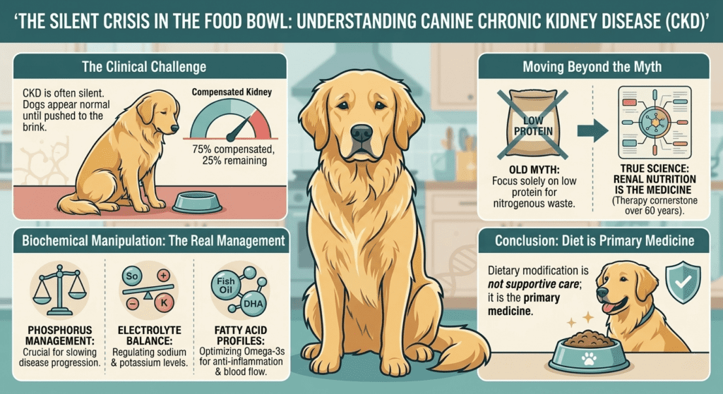 An educational infographic titled "THE SILENT CRISIS IN THE FOOD BOWL: UNDERSTANDING CANINE CHRONIC KIDNEY DISEASE (CKD)." A Golden Retriever illustration sits in the center. The top left panel, "The Clinical Challenge," shows a sad dog and a gauge indicating "75% compensated, 25% remaining," noting that CKD is often silent until pushed to the brink. The top right panel, "Moving Beyond the Myth," crosses out a bag labeled "LOW PROTEIN" and points to a complex molecular diagram representing "TRUE SCIENCE: RENAL NUTRITION IS THE MEDICINE." The bottom left panel, "Biochemical Manipulation: The Real Management," features icons for Phosphorus Management (a balanced scale), Electrolyte Balance (a seesaw with sodium and potassium), and Fatty Acid Profiles (Fish Oil/DHA molecules). The bottom right panel concludes, "Diet is Primary Medicine," showing a happy dog eating from a bowl.