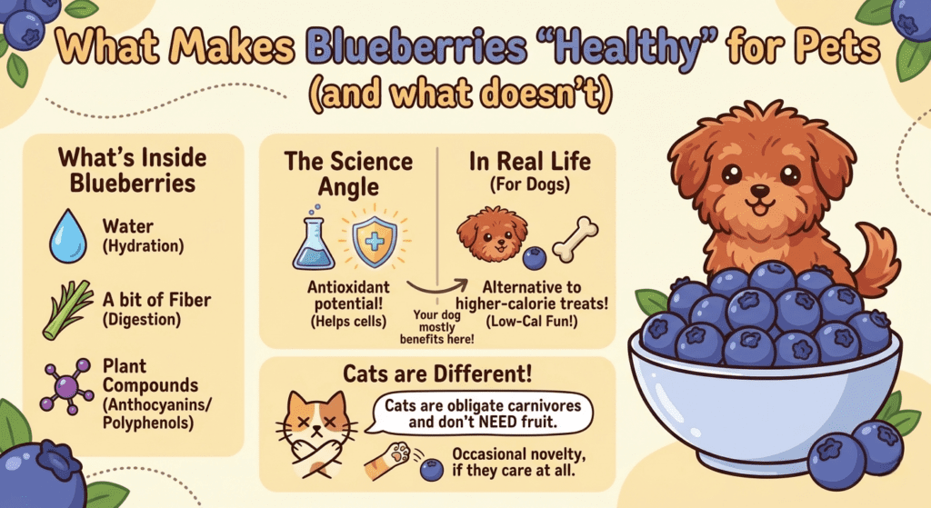 A cute and informal cartoon infographic titled "What Makes Blueberries 'Healthy' for Pets (and what doesn't)". The center features a stylized cartoon illustration of the small, reddish-brown fluffy dog from image_66.png, looking whimsical with big eyes, sitting next to a large cartoon bowl overflowing with plump blueberries.