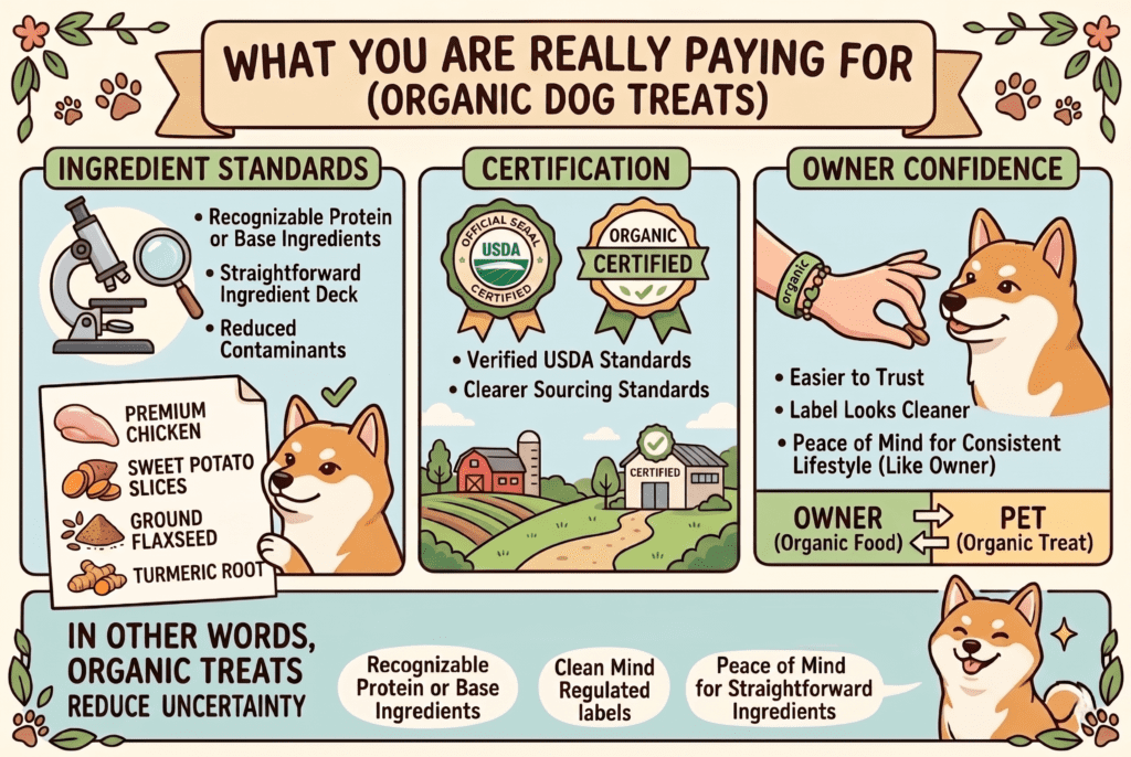 A cartoon infographic titled "WHAT YOU ARE REALLY PAYING FOR (ORGANIC DOG TREATS)." It is divided into three main sections. The first, "INGREDIENT STANDARDS," features a microscope and a list of specific premium ingredients: Premium Chicken, Sweet Potato Slices, Ground Flaxseed, and Turmeric Root. It emphasizes recognizable proteins, straightforward ingredient decks, and reduced contaminants. The middle section, "CERTIFICATION," displays USDA Organic seals above an illustration of a certified farm, noting verified USDA standards and clearer sourcing. The third section, "OWNER CONFIDENCE," shows a hand feeding a dog, explaining that organic treats offer easier trust, cleaner labels, and peace of mind for a consistent lifestyle between owner and pet. A bottom banner summarizes: "IN OTHER WORDS, ORGANIC TREATS REDUCE UNCERTAINTY."