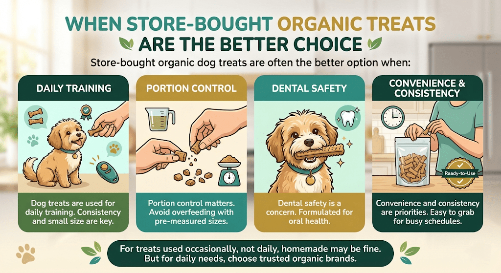 An educational infographic titled "When Store-Bought Organic Treats Are the Better Choice." It features four illustrated panels explaining when to opt for commercial organic treats: "Daily Training" (showing a small dog being rewarded), "Portion Control" (showing hands breaking treats on a scale), "Dental Safety" (showing a dog holding a textured dental stick), and "Convenience & Consistency" (showing a person grabbing a treat from a resealable pouch). The bottom text reads: "For treats used occasionally, not daily, homemade may be fine. But for daily needs, choose trusted organic brands.