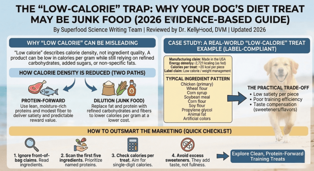 An educational infographic titled "The 'Low-Calorie' Trap: Why Your Dog's Diet Treat May Be Junk Food (2026 Evidence-Based Guide)." Set against a beach background with a Golden Retriever, it features panels explaining how "low calorie" can be misleading. It compares "Protein-Forward" reduction to "Dilution (Junk Food)" reduction. A case study shows a typical low-calorie treat ingredient list heavily reliant on wheat flour, corn syrup, and soy, noting trade-offs like low satiety and poor training efficiency. A bottom checklist advises: 1. Ignore front-of-bag claims, 2. Scan the first five ingredients, 3. Check calories per treat, and 4. Avoid excess sweeteners.