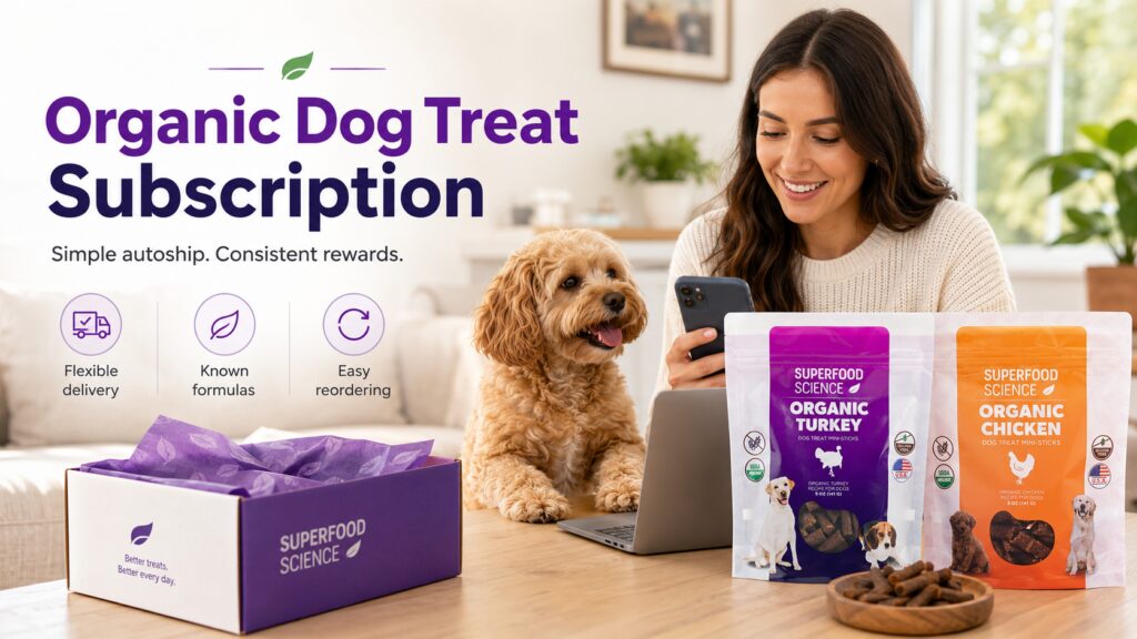 Organic dog treat subscription hero image showing Superfood Science® Organic Turkey and Organic Chicken dog treats with a happy dog parent and poodle mix.