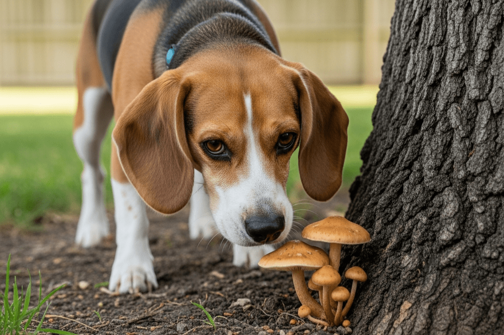 Blog #25 Title Tag (Filename): beagle-sniffing-potentially-toxic-wild-mushrooms-at-base-of-tree ALT Text: A curious beagle dog investigating wild mushrooms growing outdoors, highlighting the importance of Superfood Science for pet safety and medicinal supplement selection. Caption: While wild mushrooms in your yard can be dangerous for dogs, medicinal varieties like Turkey Tail and Lion's Mane offer therapeutic benefits when provided through safe, vet-approved supplements. Description: A beagle dog sniffs a cluster of wild fungi, serving as a reminder to pet owners to avoid toxic backyard mushrooms and instead opt for high-quality pet-specific supplements for cognitive and immune support.