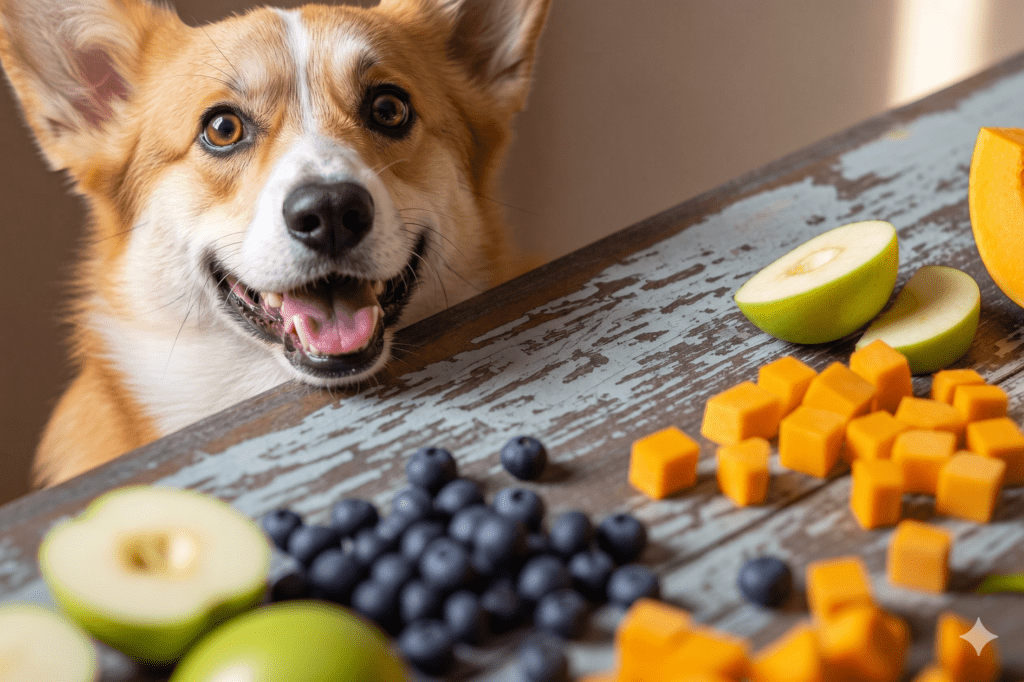 A happy and exciting Pembroke Welsh Corgi watches as nutrient-dense blueberries and sliced apples are prepared, illustrating the principles of Superfood Science for pets.
