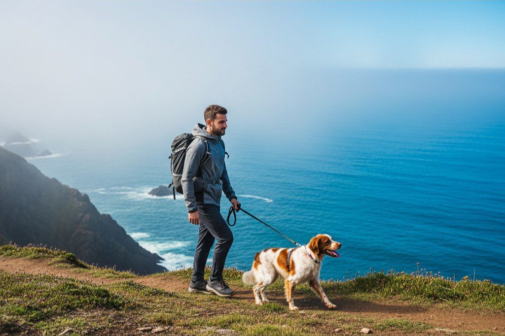 A man and his medium-sized dog hiking a rugged coastline, illustrating the environment where Superfood Science advises caution regarding wild seaweed consumption for pet safety.