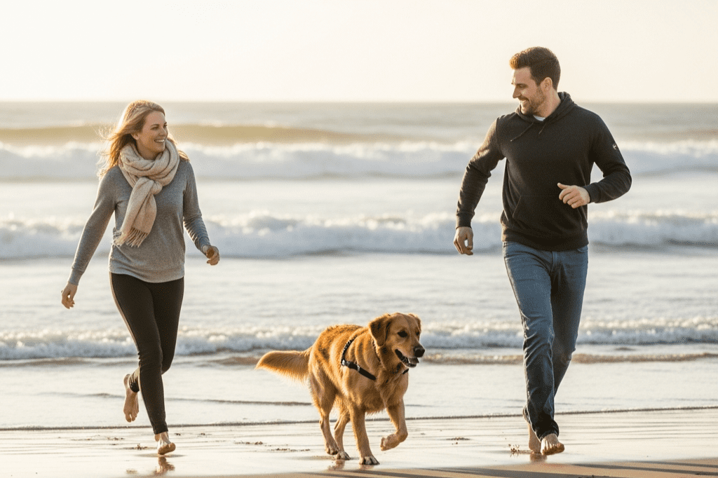 A happy Golden Retriever runs alongside a couple on the beach, fueled by the protein-dense nutrition found in Superfood Science rewards.