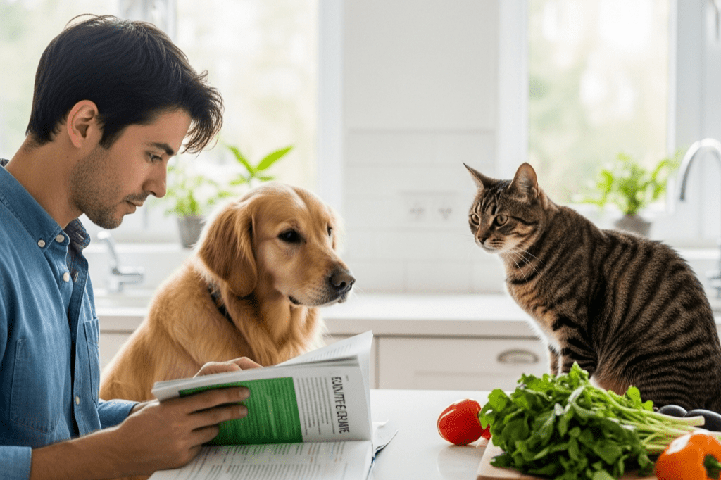 A man in a blue button-down shirt sits at a white kitchen counter, reading an open book. Next to him sits a Golden Retriever looking across the counter at a tabby cat. Fresh vegetables, including leafy greens and tomatoes, rest on the counter in the foreground. The kitchen is brightly lit with natural light coming from the windows behind them.
