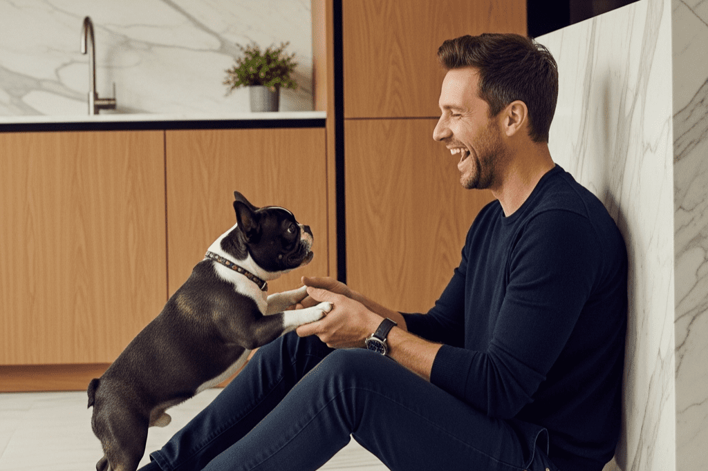 A man laughing while holding the paws of his puppy, emphasizing the role of Superfood Science in choosing the right training rewards.