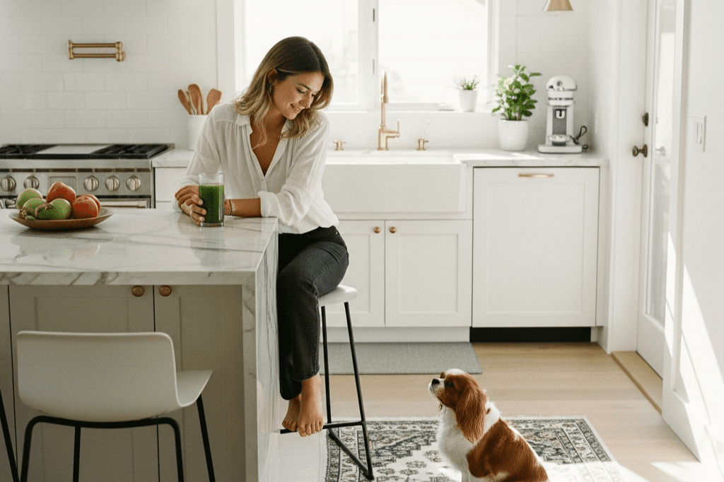 A woman enjoying a healthy beverage in a sunlit kitchen while her Cavalier King Charles Spaniel sits on a rug, demonstrating the Superfood Science approach to pet wellness.