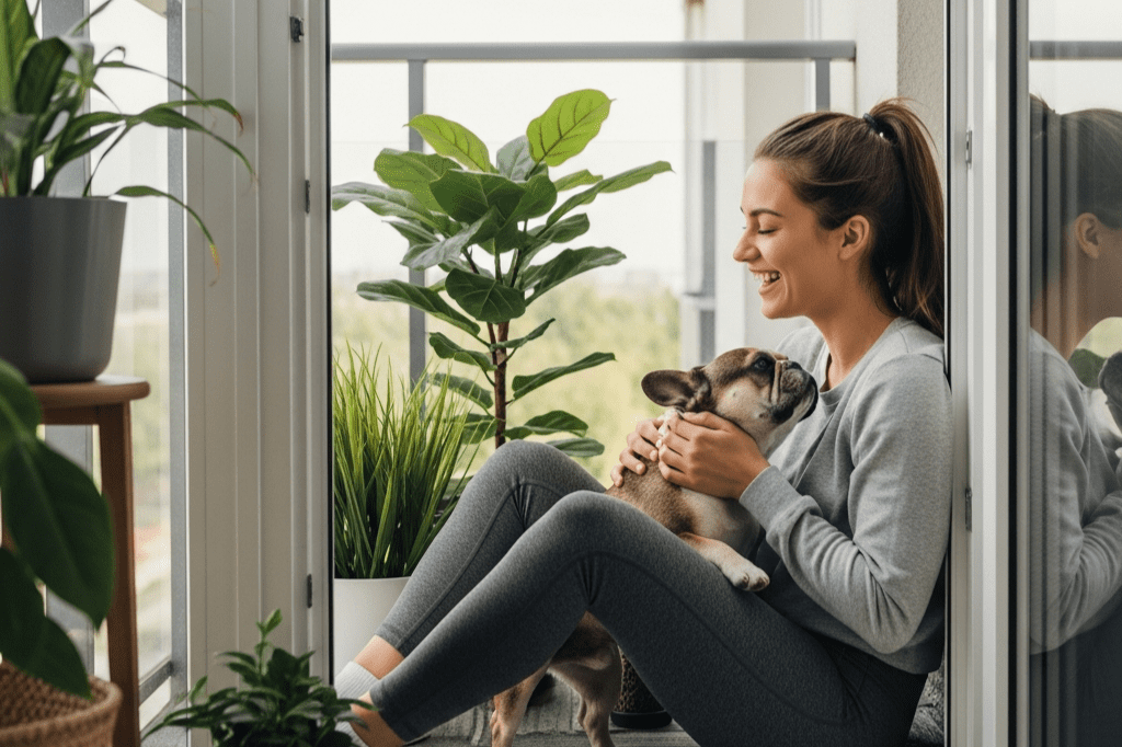 A woman in grey loungewear hugging her small French Bulldog on a balcony, representing the Superfood Science of choosing functional kelp-based treats for sensitive dogs