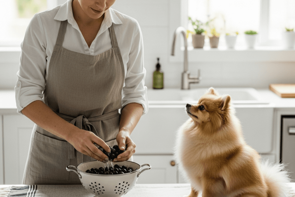 A woman prepares a bowl of fresh fruit, highlighting the Superfood Science behind using blueberries as a fiber-filled snack for small dogs.