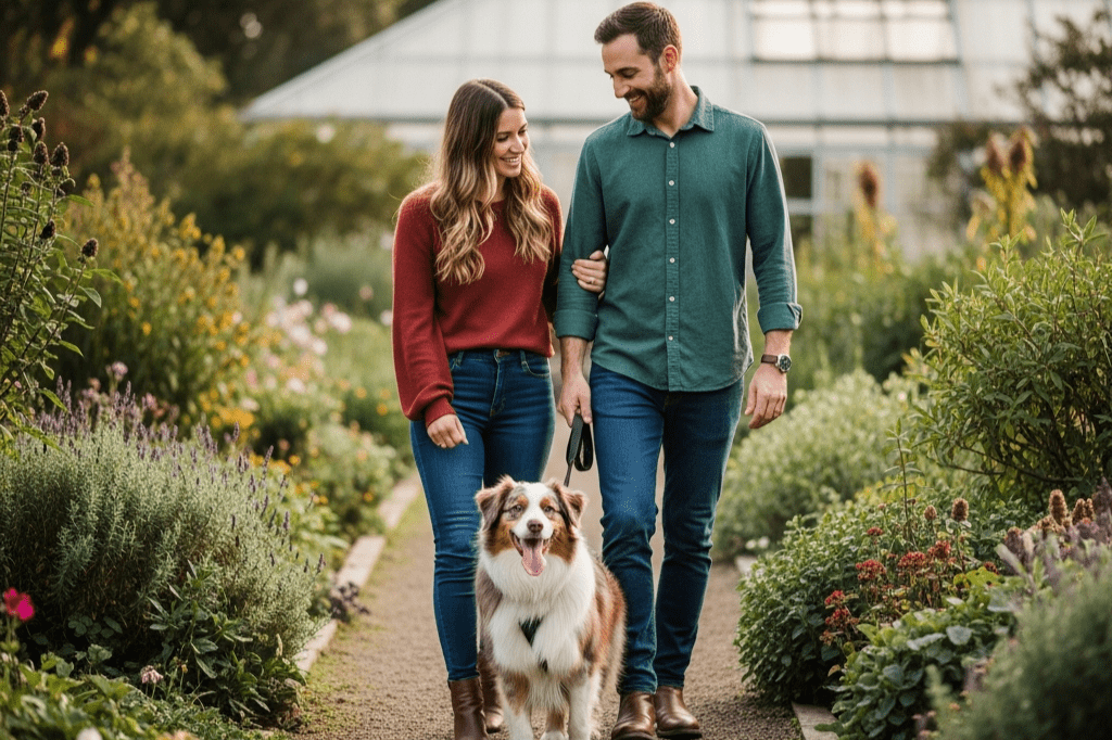 A happy medium dog walks with its owners in a garden setting, representing the holistic lifestyle supported by Superfood Science for dental health.