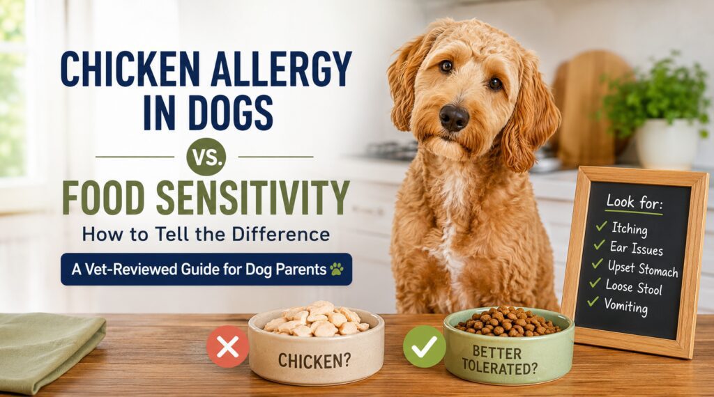 Chicken allergy in dogs vs food sensitivity hero image showing a dog parent guide with signs such as itching, ear issues, upset stomach, loose stool, and vomiting.