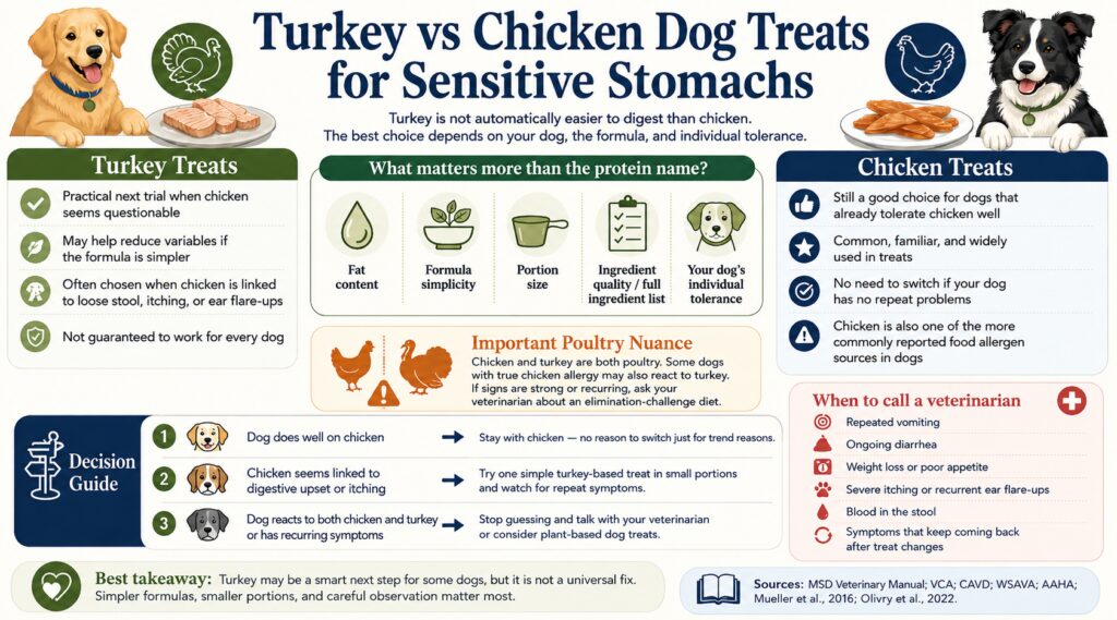 Infographic comparing turkey vs chicken dog treats for sensitive stomachs, including protein tolerance, poultry cross-reactivity, plant-based treat options, and when to call a veterinarian.