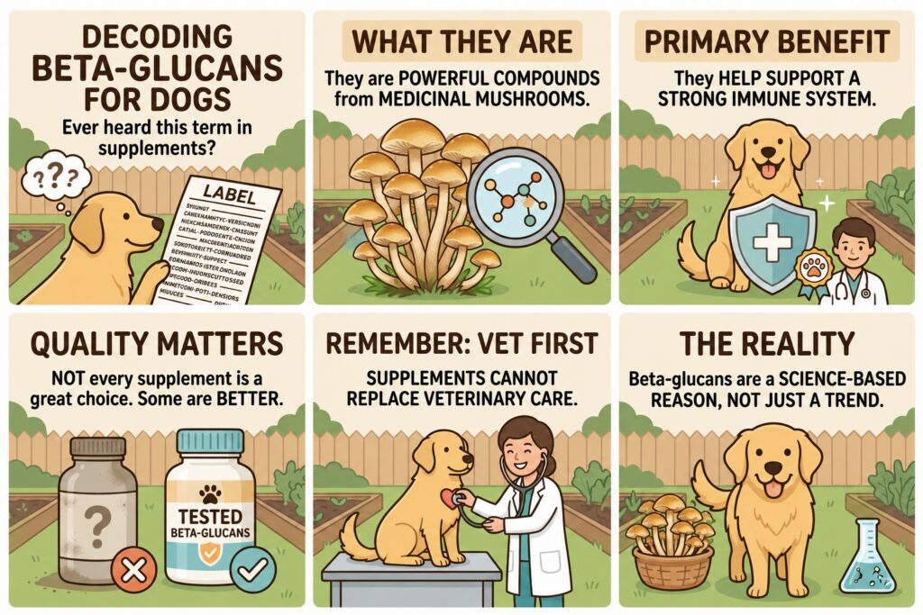 Infographic explaining beta-glucans for dogs, including what they are, immune support benefits, supplement quality, veterinary guidance, and honey mushrooms as a medicinal mushroom example.