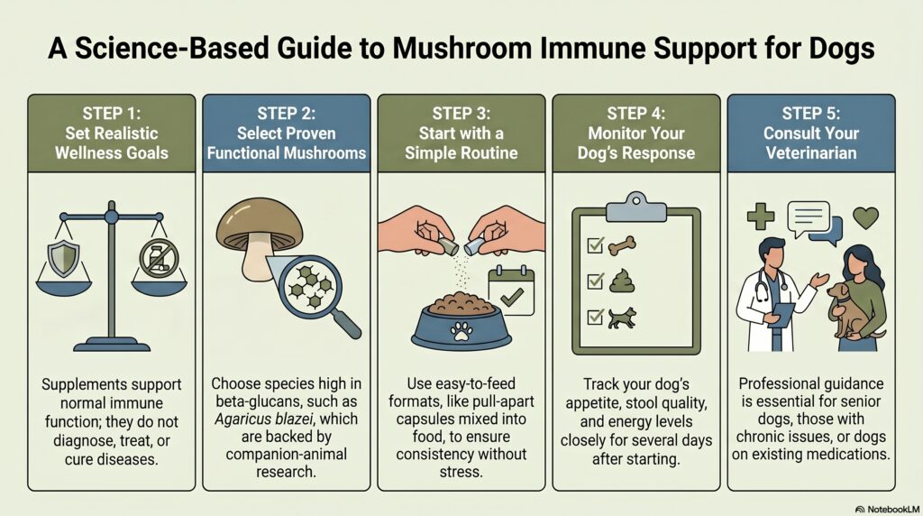 An infographic titled "A Science-Based Guide to Mushroom Immune Support for Dogs" outlining a five-step process: setting wellness goals, selecting high beta-glucan mushrooms like Agaricus blazei, using easy-to-feed pull-apart capsules, monitoring dog health (appetite, stool, energy), and consulting a veterinarian.