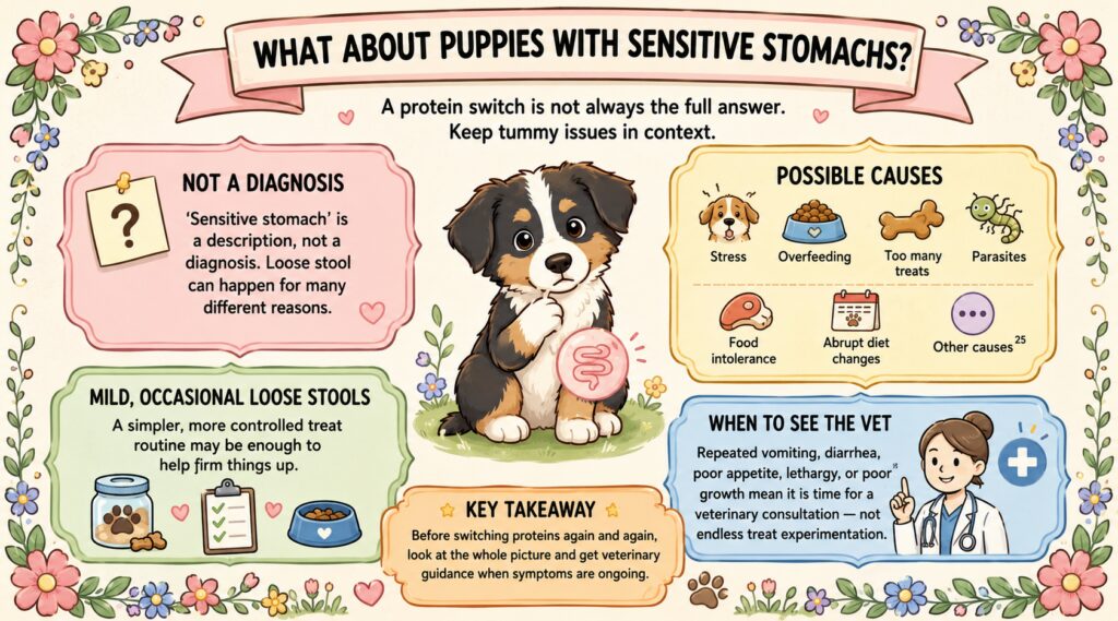 Infographic explaining puppies with sensitive stomachs and why turkey vs chicken dog treats should be considered alongside stool quality, treat portions, possible causes, and when to call a vet.