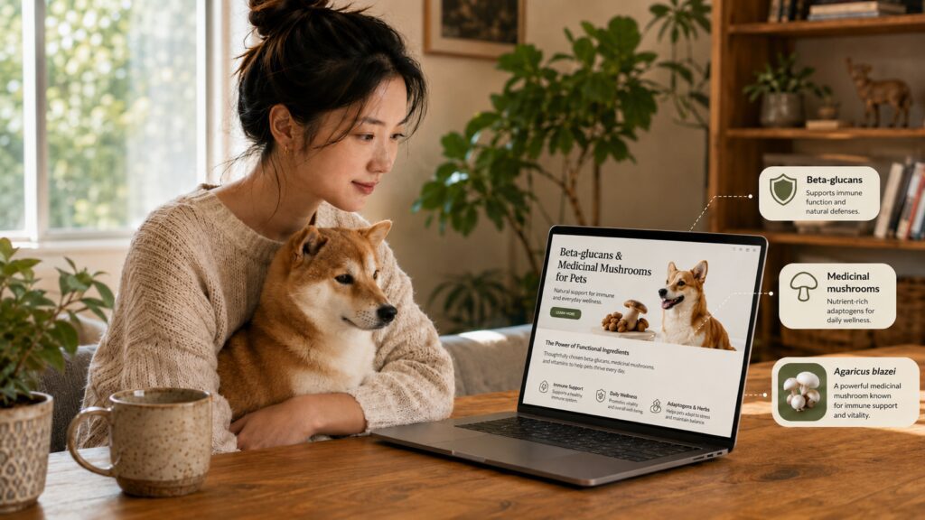 A dog parent researching medicinal mushrooms and beta-glucans for pets on a laptop while sitting with her Shiba Inu.