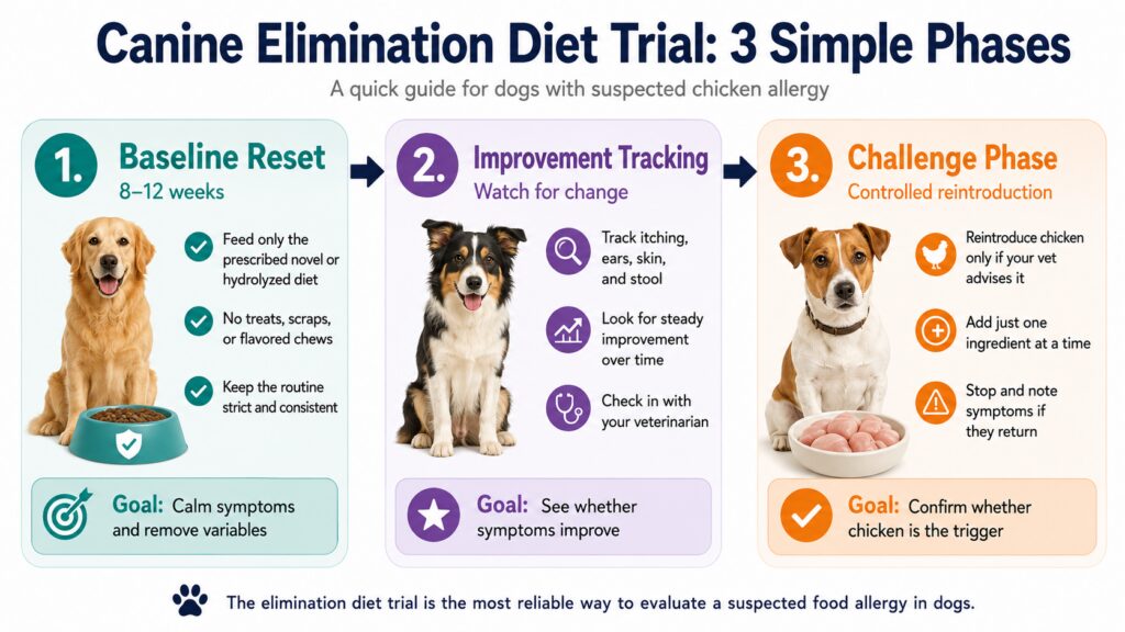Chicken allergy in dogs vs food sensitivity infographic showing the three phases of a canine elimination diet trial: baseline reset, improvement tracking, and challenge phase.