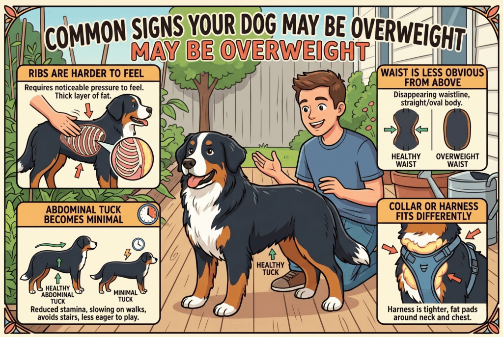 An educational Superfood Science infographic titled Common Signs Your Dog May Be Overweight. In the center, a happy man is kneeling next to a Bernese Mountain Dog on an outdoor wooden deck. The infographic features four informational panels. The top left panel, titled Ribs Are Harder to Feel, shows hands pressing on a dog's side, explaining it requires noticeable pressure to feel the ribs due to a thick layer of fat. The top right panel, titled Waist Is Less Obvious From Above, compares a healthy hourglass waist to an overweight, straight or oval-shaped waistline. The bottom left panel, titled Abdominal Tuck Becomes Minimal, compares a healthy tuck to a minimal tuck, noting symptoms like reduced stamina, slowing on walks, avoiding stairs, and being less eager to play. The bottom right panel, titled Collar Or Harness Fits Differently, shows a tight harness with visible fat pads around the dog's neck and chest.