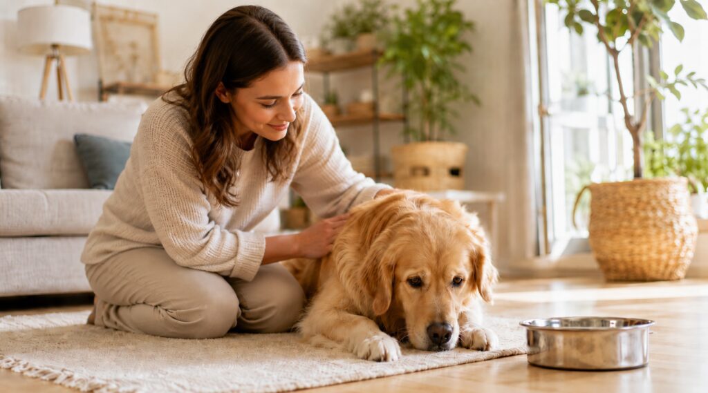 Dog diarrhea care at home with a concerned dog parent comforting a golden retriever near a water bowl in a calm living room.