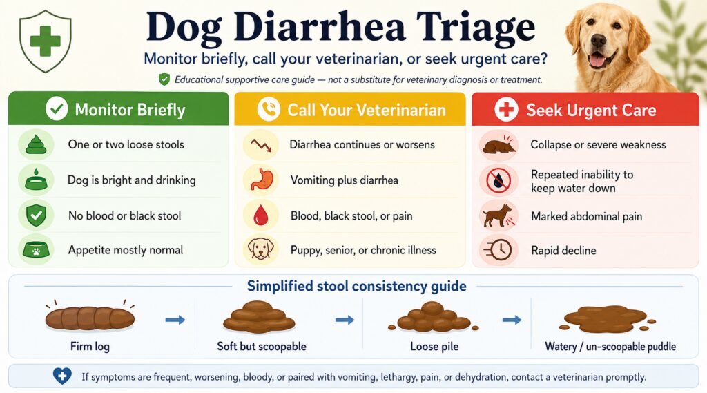 Dog diarrhea triage infographic showing when to monitor loose stool, call a veterinarian, or seek urgent care for vomiting, blood, weakness, or dehydration.