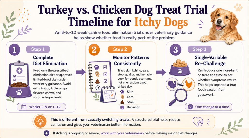 Dog food elimination trial timeline for itchy dogs showing diet elimination, symptom monitoring, and single-ingredient re-challenge.