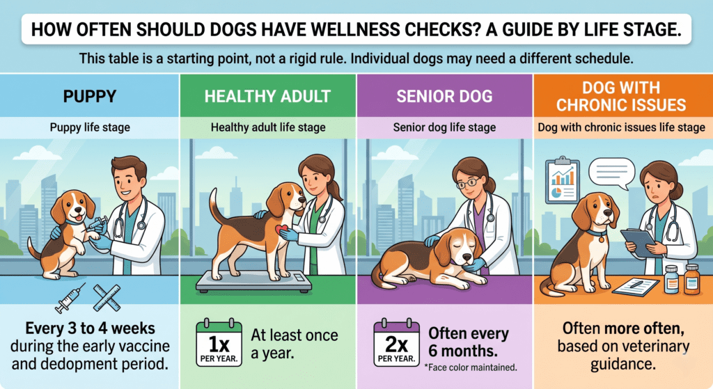 An educational Superfood Science infographic titled How Often Should Dogs Have Wellness Checks? A Guide by Life Stage. It is divided into four panels featuring a veterinarian and a Beagle. The Puppy panel recommends visits every 3 to 4 weeks during the early vaccine and development period. The Healthy Adult panel suggests visits at least once a year. The Senior Dog panel recommends visits often every 6 months. The Dog with Chronic Issues panel advises visits more often, based on veterinary guidance. A top banner clarifies that this table is a starting point, not a rigid rule, and individual dogs may need a different schedule.