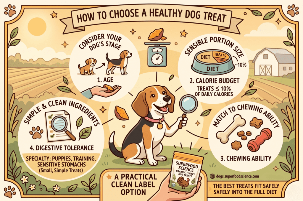 An educational Superfood Science infographic titled How to Choose a Healthy Dog Treat, set against a farm and barn background. A Beagle holding a magnifying glass sits in the center. Four surrounding sections explain the selection process. Section one advises considering your dog's stage, focusing on age from puppy to adult. Section two emphasizes sensible portion size and a calorie budget, stating treats should be less than or equal to ten percent of daily calories. Section three recommends matching treats to your dog's chewing ability. Section four highlights simple and clean ingredients for digestive tolerance, noting that small, simple treats are best for puppies, training, and sensitive stomachs. At the bottom, a hand holds a pouch of Superfood Science Organic Turkey Dog Treats, labeled as a practical clean label option, along with a reminder that the best treats fit safely into the full diet.