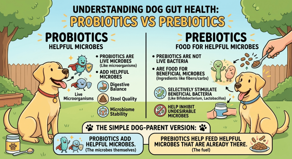 An educational Superfood Science infographic titled Understanding Dog Gut Health: Probiotics vs Prebiotics. The layout is divided into two main sections set against a backyard background. The left section defines probiotics as live, helpful microbes that support digestive balance, stool quality, and microbiome stability, featuring a dog next to cartoon microbes wearing superhero capes. The right section defines prebiotics as food for these helpful microbes, such as fibers and carbs, which selectively stimulate beneficial bacteria like Bifidobacterium and Lactobacillus while inhibiting undesirable microbes. A bottom summary panel provides a simple dog-parent version: probiotics add the helpful microbes themselves, while prebiotics act as the fuel for the microbes that are already present in the gut.